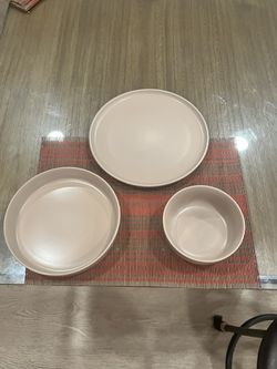 Beige Stoneware Dishes. Service For 8.