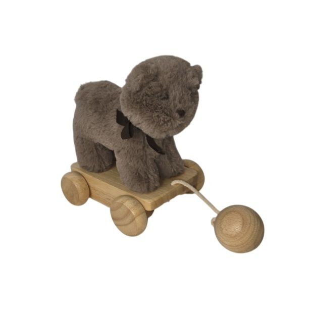 Pottery Barn Kids Wooden Pull Toy with Plush Teddy Bear 7" L