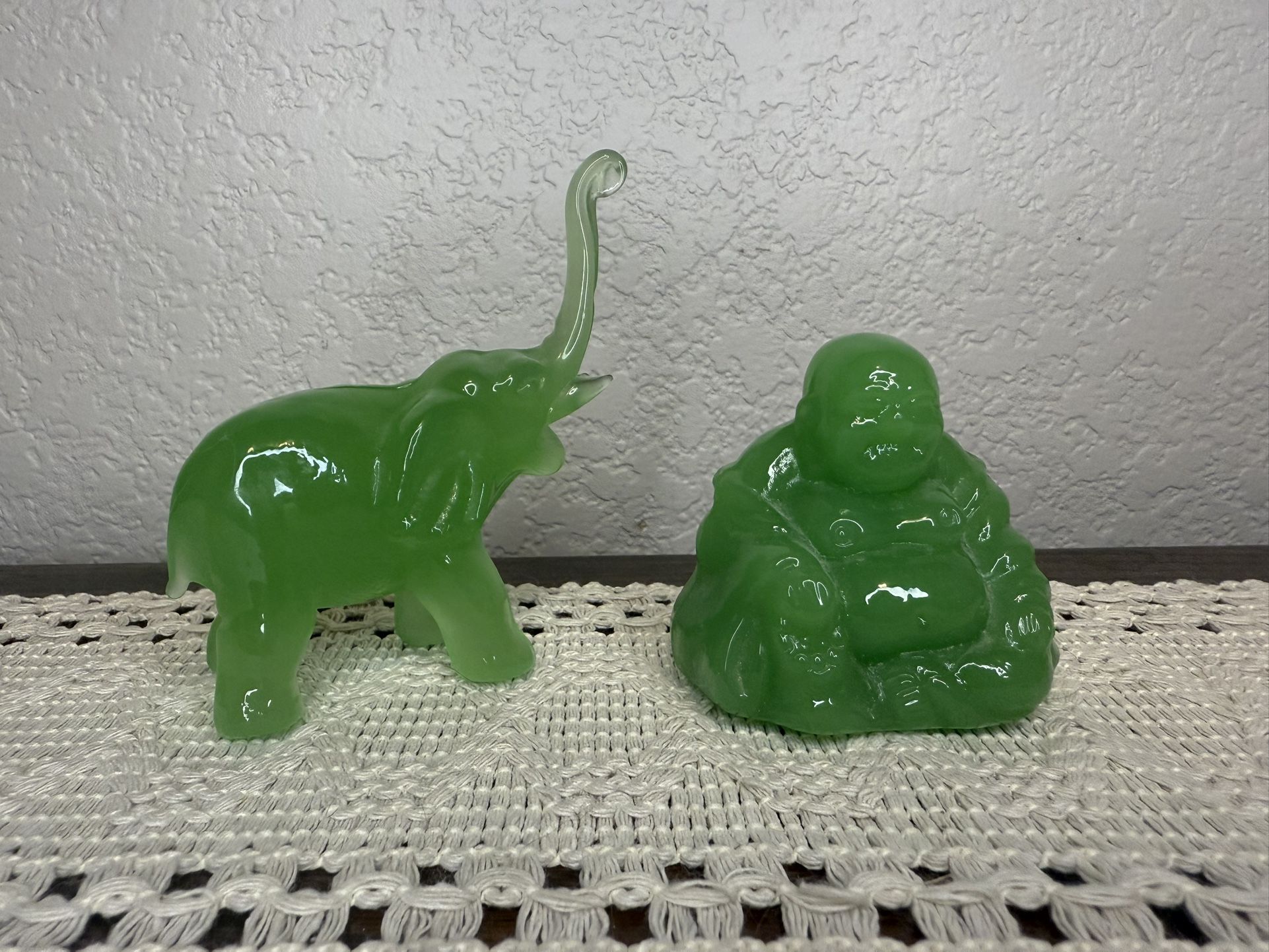2 Green Glass Figurines Buddha And Elephant