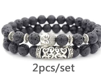 2 piece set - Natural stone lava beads and buddha bracelet yoga chakra bracelet