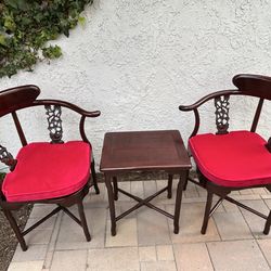 Two Chinese  corner chairs and small table
