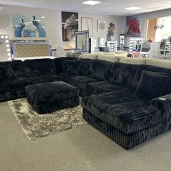 Black Corduroy Sofa Sectional w/ FREE Ottoman & Cup Holders & USB Ports