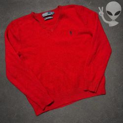 Polo Ralph Lauren V-Neck Sweater Mens L Red 100% Lambswool Pullover Vintage