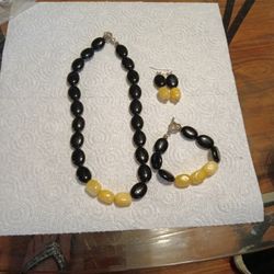 18 inch Onyx & Beige Stone Necklace, Bracelet And Earring Set