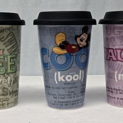Disney characters ceramic travel mug with silicone lid mickey mouse, tinker bell, alice in wonder land, daisy duck.