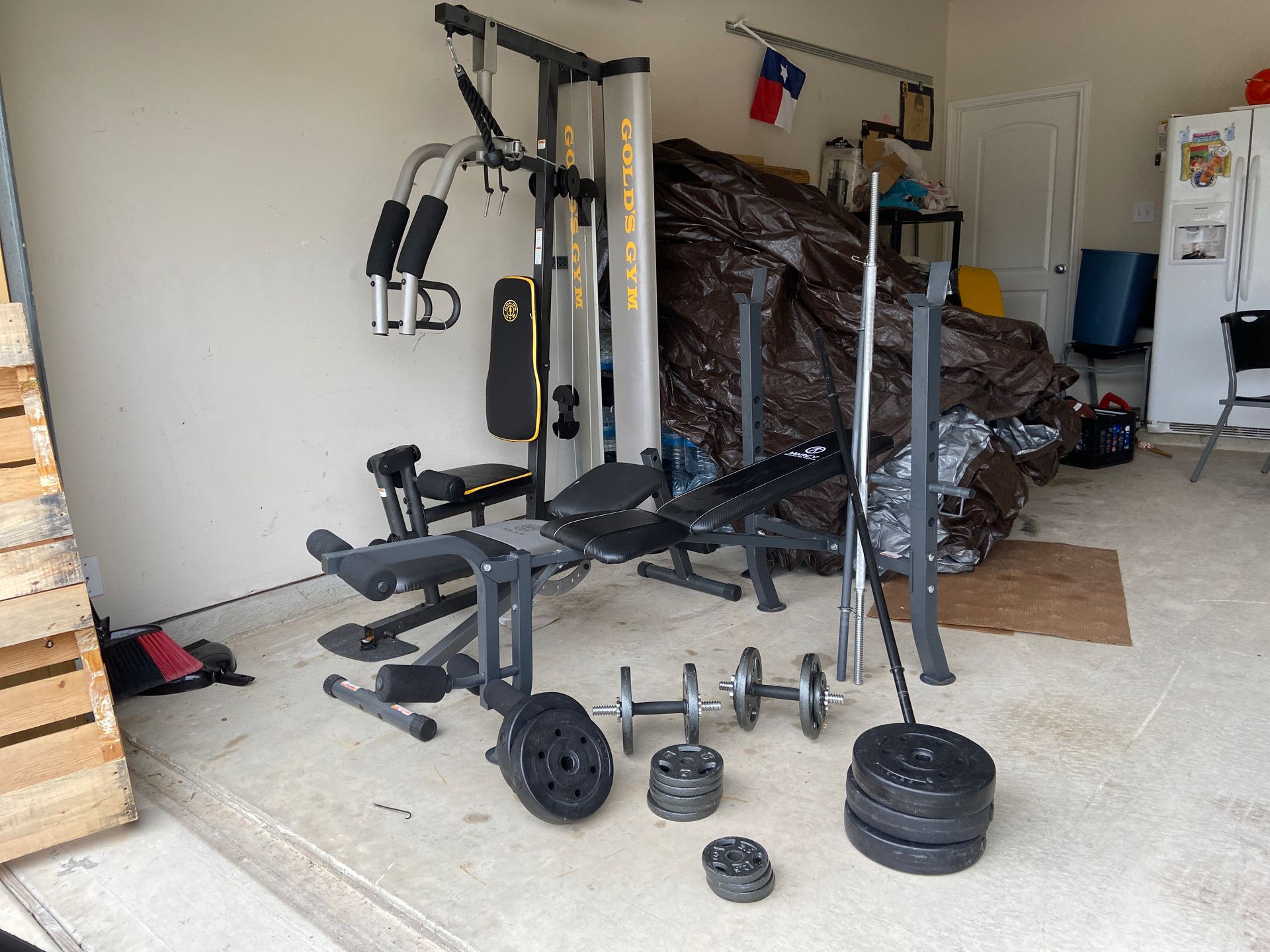 Workout bench and weights and bars