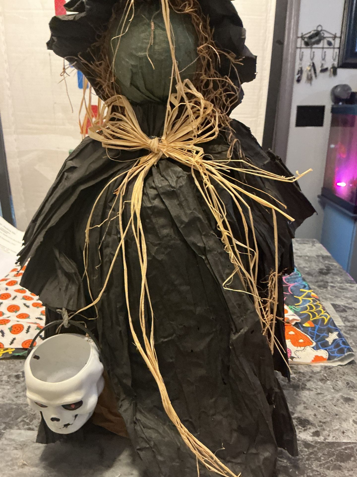 Vintage paper mache witch with skull 26 inches