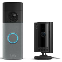 Ring Battery Doorbell (newest model), Speckled Gray with Indoor Cam, Black