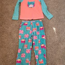 Girls 10-12 owl fleece pajamas peach/teal 2piece, EUC Lot U