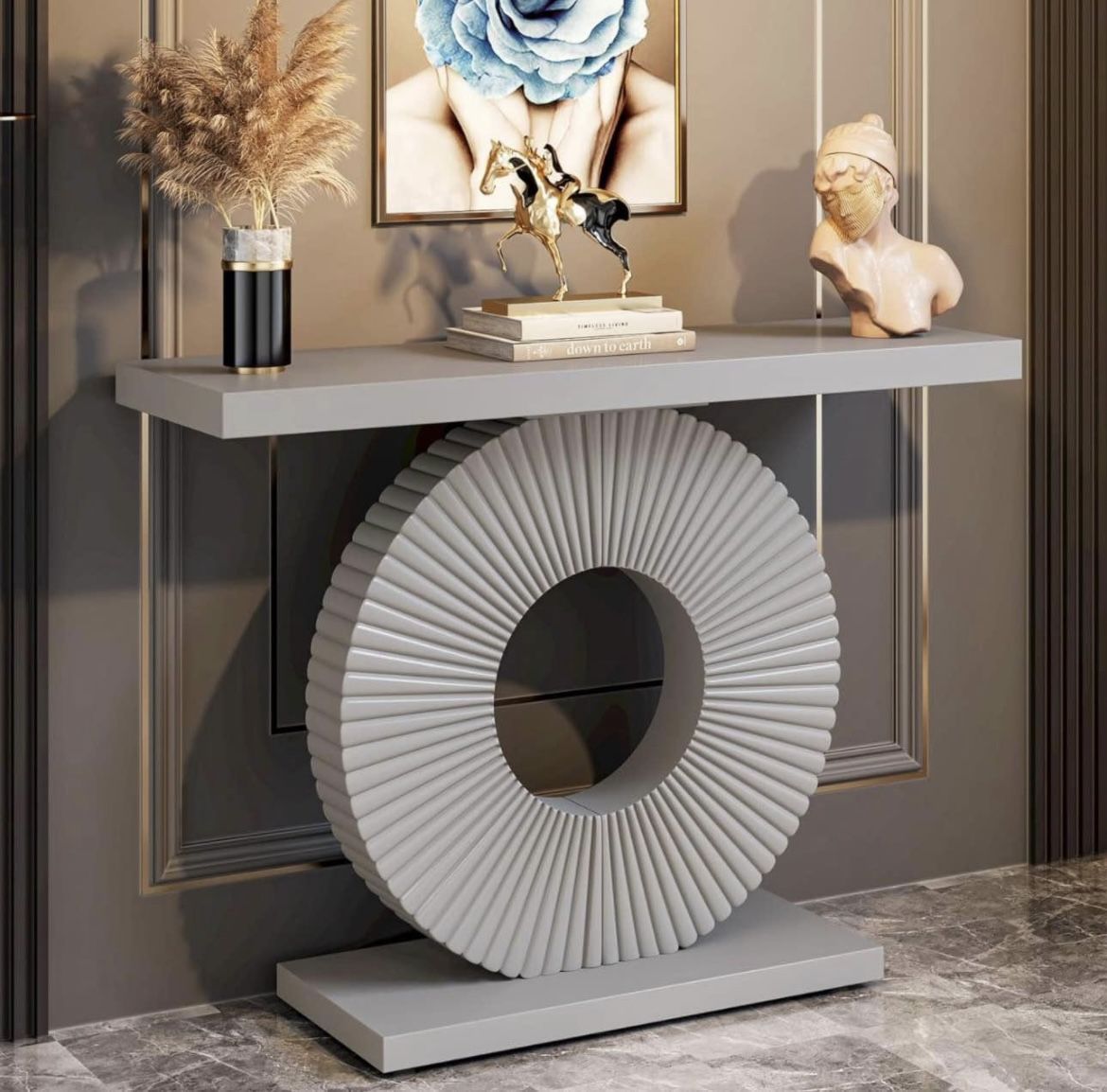 J0241 new assembled Modern Console Table with Geometric Base, 40" Wood Entryway Table Sofa Table Nar