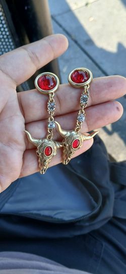 Gold Bull Skull Drop Earrings with Red Gems