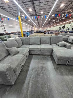 4 - Piece Gray Corduroy Convertible Sectional Sofa Set