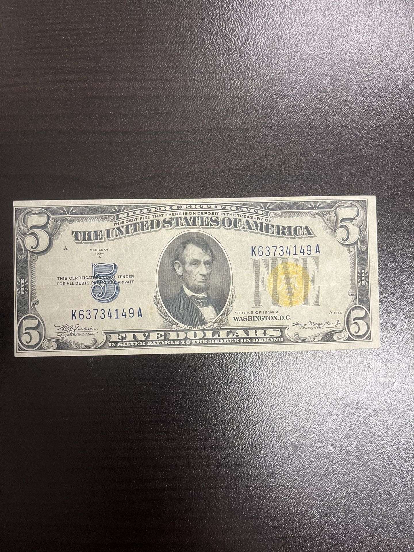 1934 $5 North Africa Yellow Seal Currency