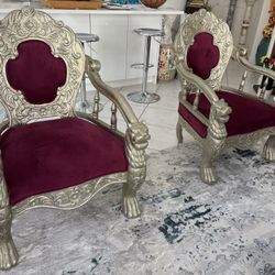 2 Lion Head Armchairs. Carved Metal Over Wood.  Royal Plum Upholstery With Piping.  This Pair Is Fit For A King & Queen!