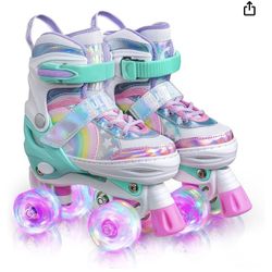 Brand New In  Rainbow Unicorn Box Adjustable Roller Skates +knee  And Elbow Pads