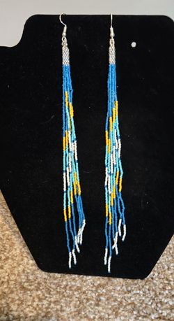 Iris Blue Multi Glass Seed Beaded Extra Long Earrings  7.5"