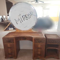 Vintage Early 1900's  Vanity. Desk. Side Table & Round Mirror. Stamped. ANGEL US FERN. MFG. CO. 2062