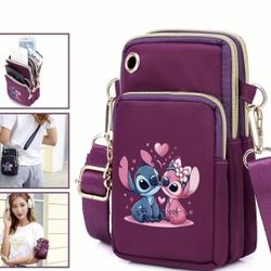 Disney Stitch Women's Casual Zipper Wallet & Crossbody Bag - 1pc High Quality Nylon Shoulder Bag with Detachable Strap, Multi-Zipper Metal Phone Holde