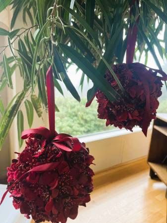 Two Large Glitter Beaded Velvet Poinsette Ornament Balls Satin Ribbon