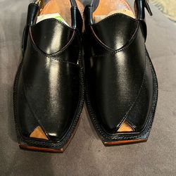 Brand New Peshawari Chappal / Sandal ? Gents ? Genuine Leather ? black ? Soft Insole ? Thin Tyre Outsole Size 10 Made with be