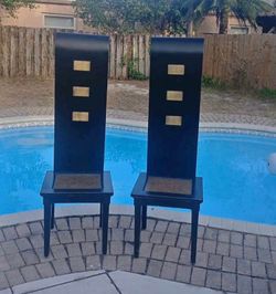 Pair of Black Elmwood Zhou Yi Asian High Back Chairs