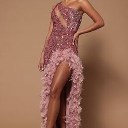 Esme Sequin Feather Maxi Dress- Pink