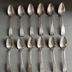 Twelve Antique Very Large Coin Silver Soup Spoons Serving Spoons