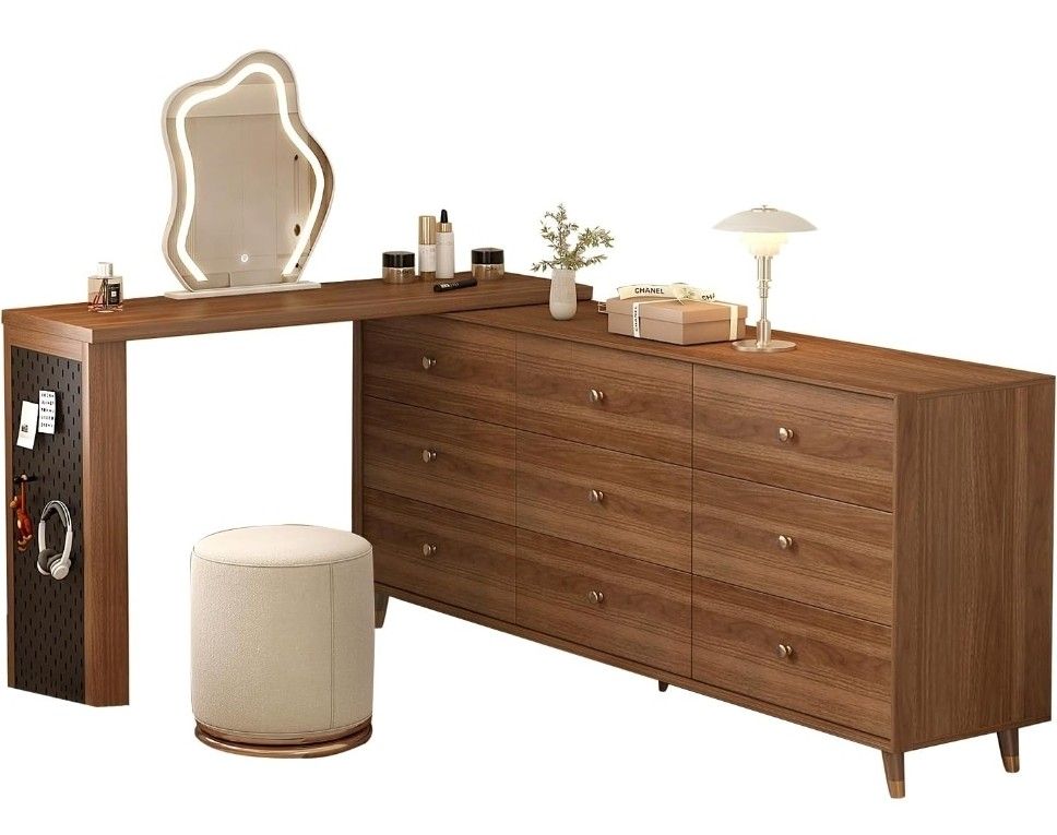 Walnut Color Makeup Vanity Desk with Cloud Shape Touch Screen Mirror with Storage Cabinet and Stool