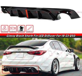 18-24 INFINITI Q50 GLOSS BLACK REAR BUMPER DIFFUSER W/ V2 LED BRAKE LIGHT