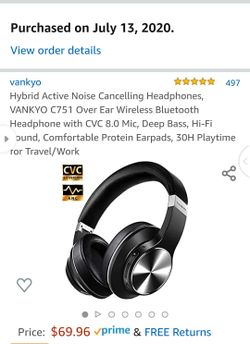 Hybrid Active Noise Cancelling Headphones, VANKYO C751 Over Ear Wireless Bluetooth Headphone with CVC 8.0 Mic, Deep Bass, Hi-Fi Sound, Comfortable