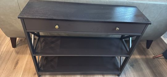 Dark Wood Console Table with Drawer and Shelves