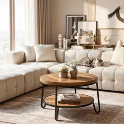32" Round Coffee Table with 2-Tier Storage Shelf 2-tier round design. 31.5" tabletop. 1.57" engineered wood top. 88 lb capacity. Metal Legs.