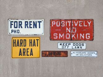 Group of 6 Vintage Embossed Metal Signs Garage Mancave Wall Art