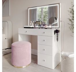 Makeup Vanity with LED Mirror, Bluetooth Speakers, and 5 Drawers