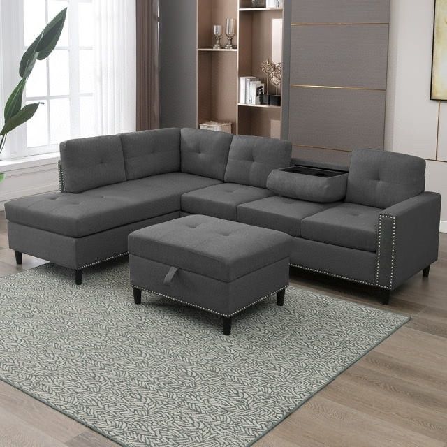 L Shaped Sectional Sofa with Left Hand Facing Chaise,Free Combination Ottoman, Modular Sectional Sofa with Rivet Trim,Upholstered Sofa Couches