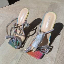 Brand New Crystal Bow Stiletto Mules- - - Iridescent Square Toe, Clear Straps, Glam Party Heels