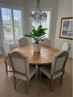 Round Solid Wood Dining Table with 6 Upholstered Chairs | Farmhouse Dining Set