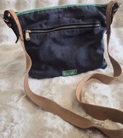 TRENDING Fossil Canvas Crossbody Messenger Bag Blue Green Leather Trim Adjustable Strap