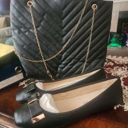 Black Quilted Handbag and Shoes Size 9