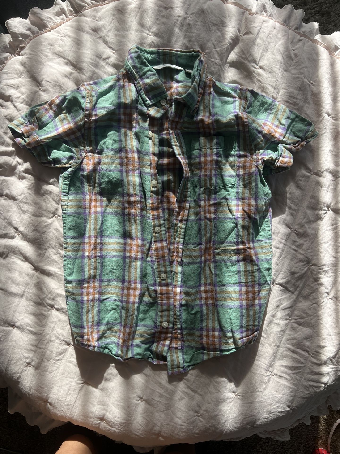 Janie and Jack Boys Linen short sleeve button up Shirt plaid green size 8