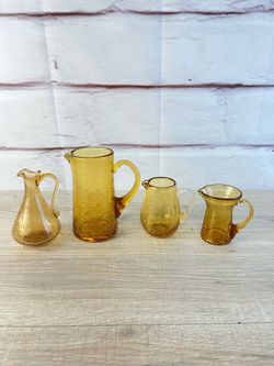 Vintage Amber Crackle Glass Small Pitcher Lot 4pc