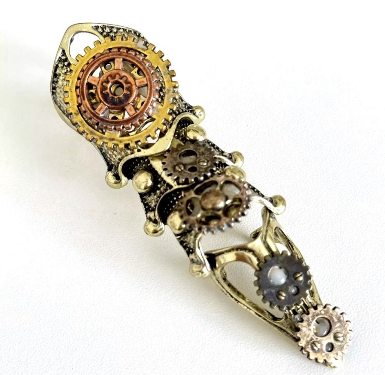 Vintage Large Unique Full Finger Steampunk Hinged Gold Tone