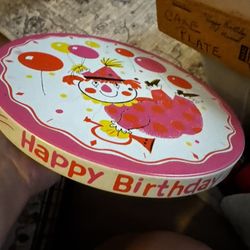Antique Happy Birthday Painted Metal Cake Stand 