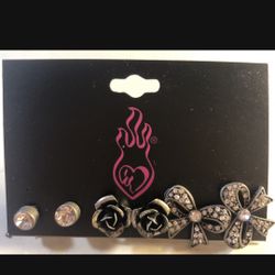 New Pierced Earrings - Beautiful Set Of 3 - Channel Set Faux Diamond Studs, Rose, And Bows