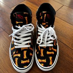 $65 Vans Sk8-Hi Thrasher Allover Logo Black 9.5 Men’s 