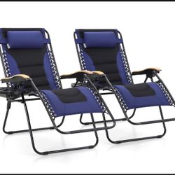 FSTUDIO Zero Gravity Chairs Set of 2, XL Oversized Outdoor Anti Gravity Chair, Patio Lounge Folding Adjustable Chair with Cup Holder & Padded Headrest