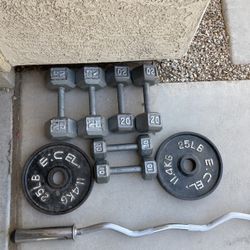 Cast Iron Dumbbells And Curl Bar