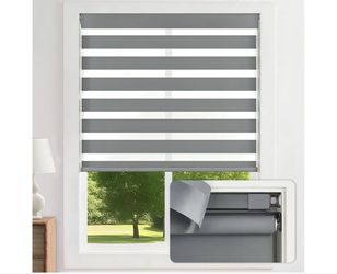 LazBlinds No Drill Zebra Blinds for Windows 34" W x 72" H, GreyCordless Dual Layer Light Filtering & Blackout Roller Shades, Free Stop-Lift, Easy Inst