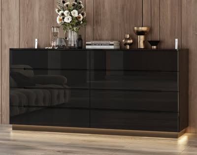 Black Dresser - 8 Chest of Drawers, Modern High Gloss