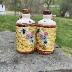 Vintage Oil & Vinegar Bottle Ceramic Basketweave Hand Painted Cruet Servers